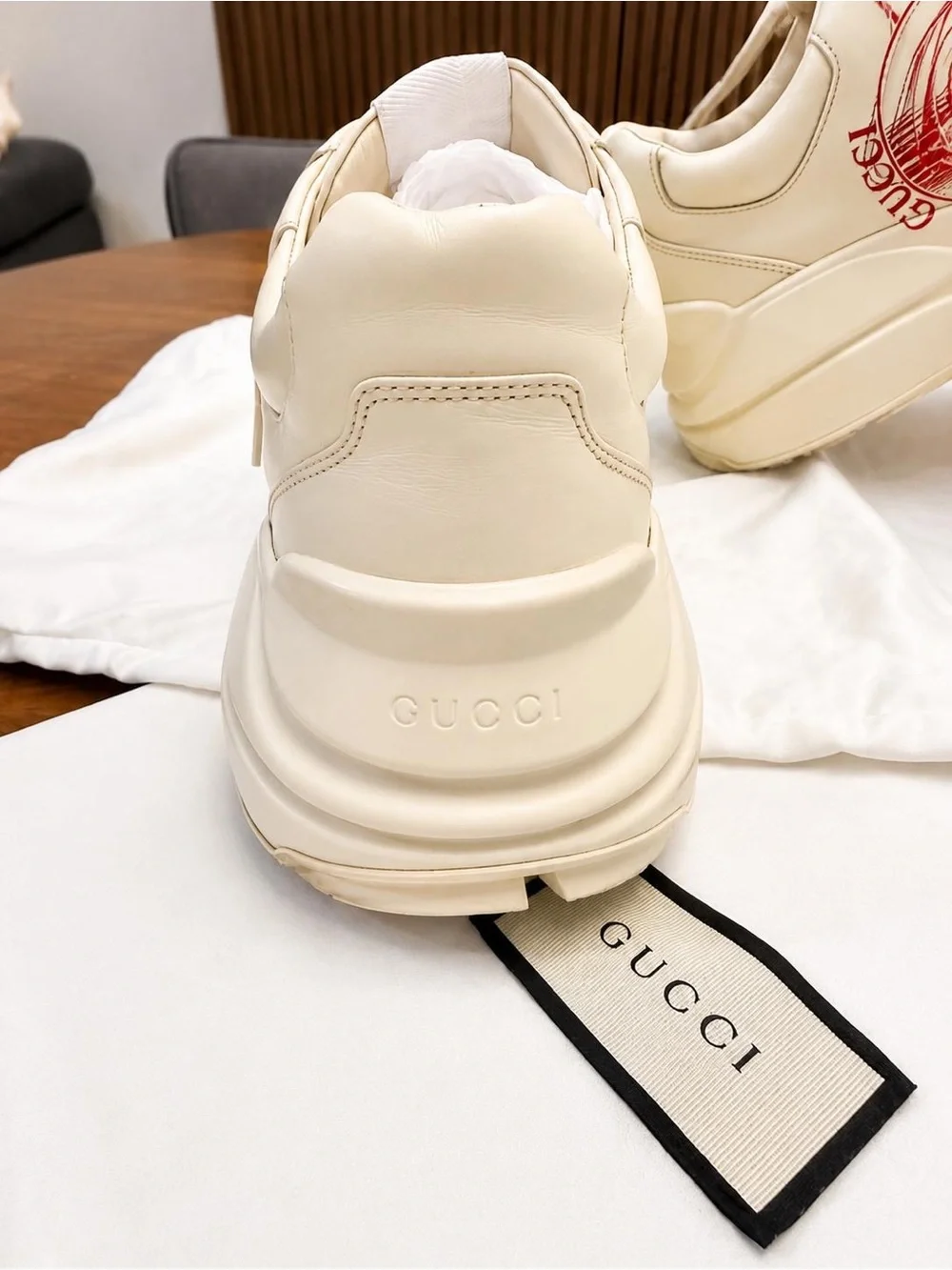 Gucci Cream Leather Platform Sneaker with Red Logo Accent